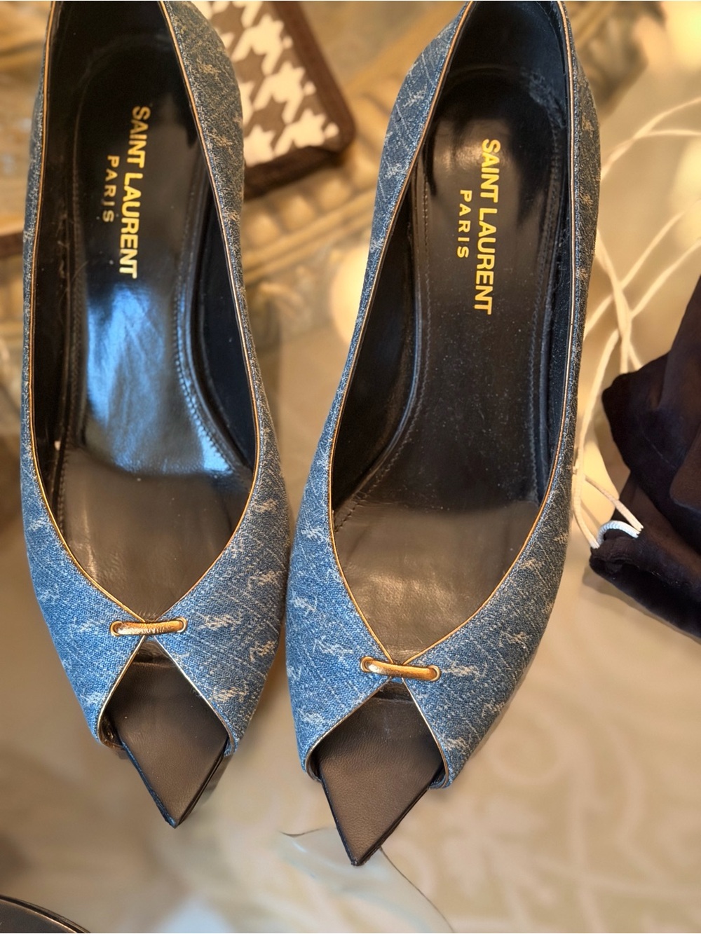 Saint Laurent Denim Peep-Toe Pumps with Gold Accent